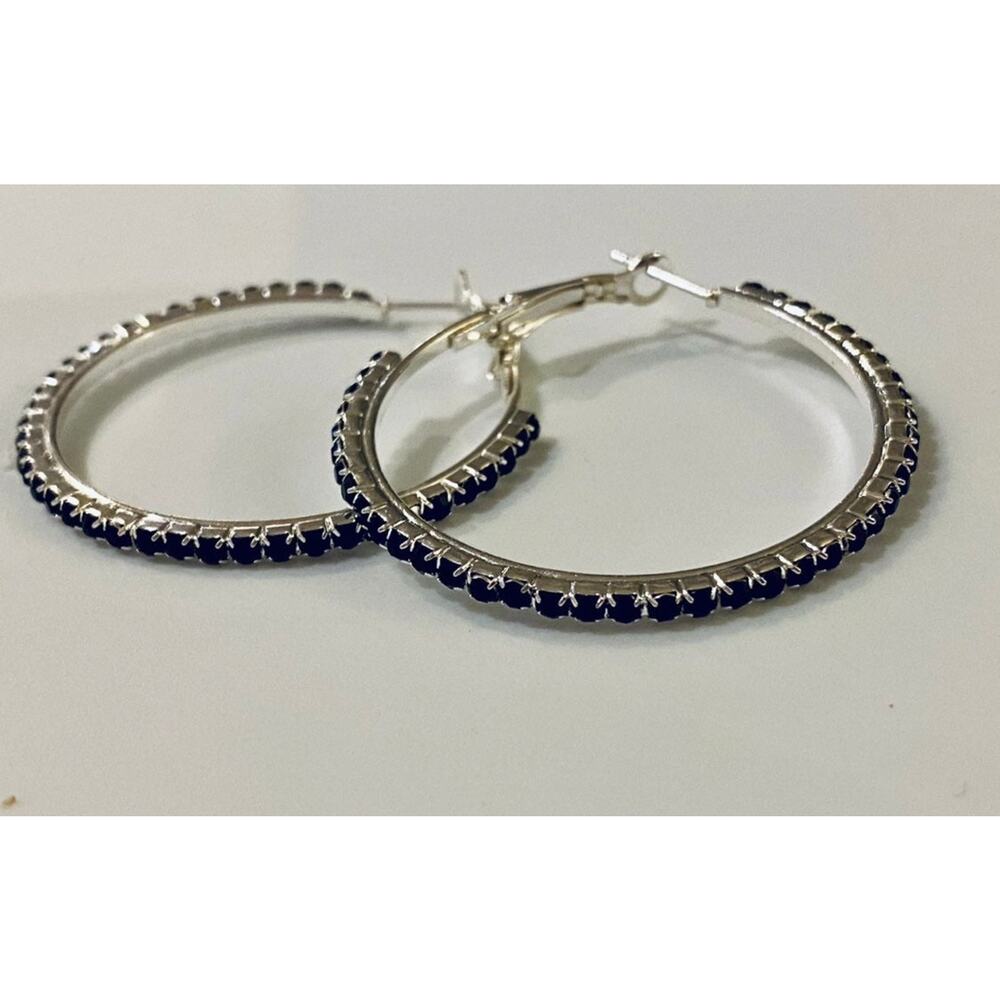 Silver Hoop Earrings with Black Rhinestones